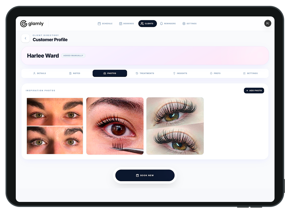 Glamly client profile showing appointment history, inspiration photos and treatments
